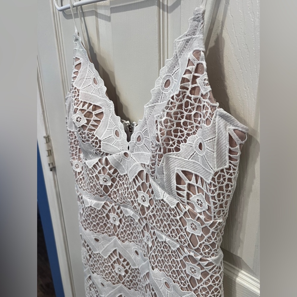 Lulus white and tan style lace overlay bodycon dress coquette fairy wedding - Picture 3 of 15